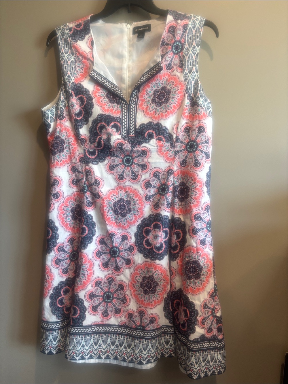 White Sleeveless Floral Shift Dress with Coral & Navy Accents